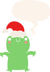 cute cartoon frog wearing christmas hat and speech bubble in retro style