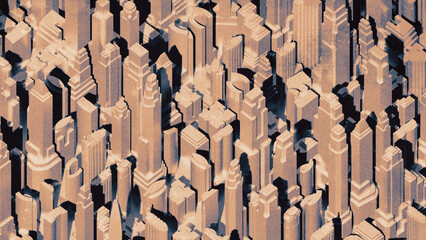 Classic city skyscrapers in isometric view in sepia tones with grainy vintage texture print effect - obrazy, fototapety, plakaty