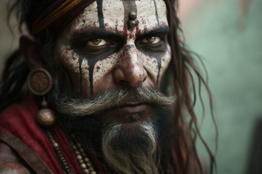 A Close-up Look into the Mystical World of Sadhus in Varanasi Through Their Expressive Faces and Spirituality AI Generative