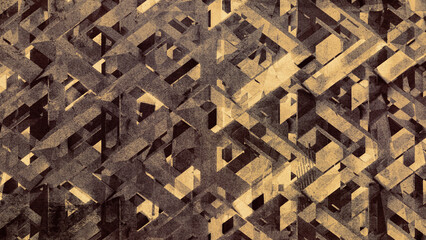 Fragmented prismatic abstract pattern in muted golden tones with grainy vintage print texture effect