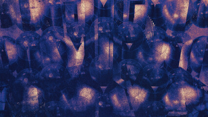 Abstract composition with fragmented spheres in shades of blue and purple with grainy vintage print texture effect