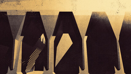 Abstract angular brutalist architecture with play of light and shadows and grainy vintage print texture effect