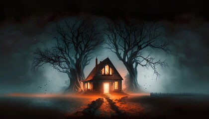 Spooky horror abandoned house in the middle of nowhere with dark background terrifying ghoulish scenery in spooky night Generative AI