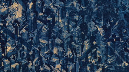 Abstract Cubist-like geometric pattern in blue duotone with grainy vintage print texture effect