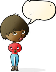 cartoon woman considering with speech bubble