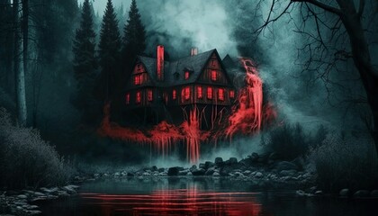 Devilish Horror Abandoned House with Red Lights, Terrifying Spooky Scenery in Spooky Night Generative AI