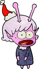 textured cartoon of a shocked alien girl wearing santa hat