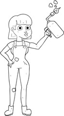 black and white cartoon woman in dungarees