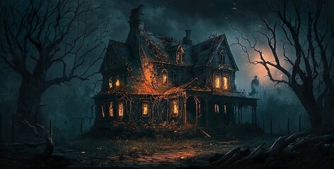 Spooky horror abandoned house in the middle of nowhere with dark background terrifying ghoulish scenery in spooky night Generative AI