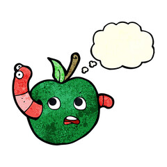 cartoon worm in apple with thought bubble
