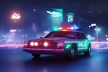 Plakat Bright lights on a police car at night. Generative AI