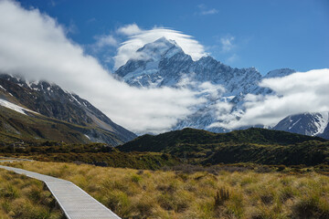 Hiking track in the mountains, Hooker Valley, Mount Cook, New Zealand