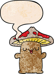 cartoon mushroom creature and speech bubble in retro texture style