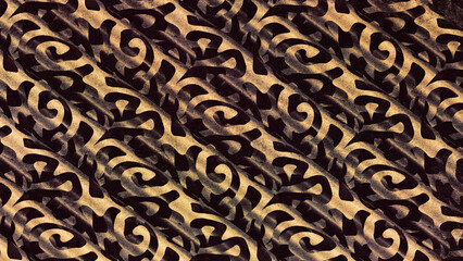 Abstract three-dimensional pattern with decorated tubes in golden tones with grainy vintage print texture effect