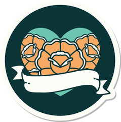 tattoo style sticker of a heart and banner with flowers