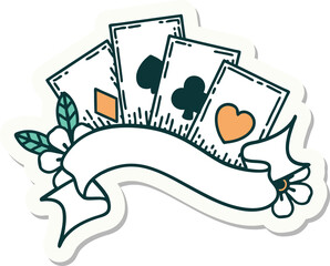tattoo style sticker of cards and banner