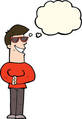 cartoon grinning man wearing sunglasses with thought bubble