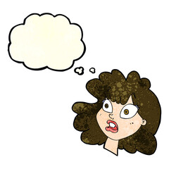 cartoon shocked female face with thought bubble