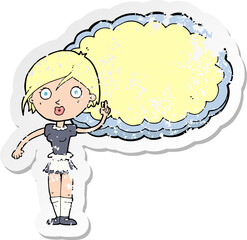retro distressed sticker of a cartoon waitress with text space