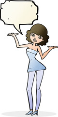 cartoon woman in cocktail dress with speech bubble