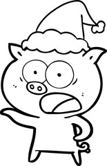 line drawing of a pig shouting wearing santa hat