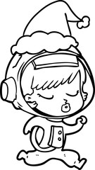 line drawing of a pretty astronaut girl running wearing santa hat