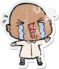 distressed sticker of a cartoon crying bald man
