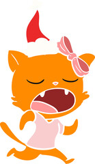 flat color illustration of a yawning cat wearing santa hat