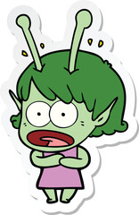 sticker of a cartoon shocked alien girl