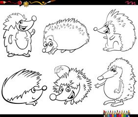 funny cartoon hedgehogs animal characters set coloring page