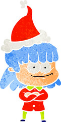 retro cartoon of a smiling woman wearing santa hat
