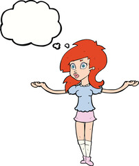 cartoon confused pretty girl with thought bubble