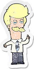 retro distressed sticker of a cartoon mna with mustache explaining