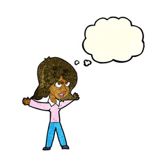 cartoon woman gesturing with thought bubble