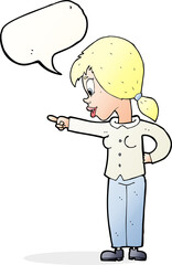 cartoon enthusiastic woman pointing with speech bubble