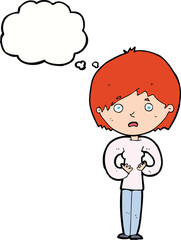 cartoon woman making Who Me? gesture with thought bubble