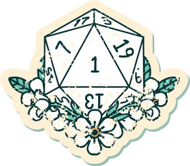 natural one dice roll with floral elements grunge sticker