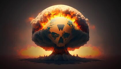 Radiation sign, death and skull symbol. Nuclear explosion, atomic bomb. War, danger and apocalypse concept. Mushroom cloud in the sky. Generative AI