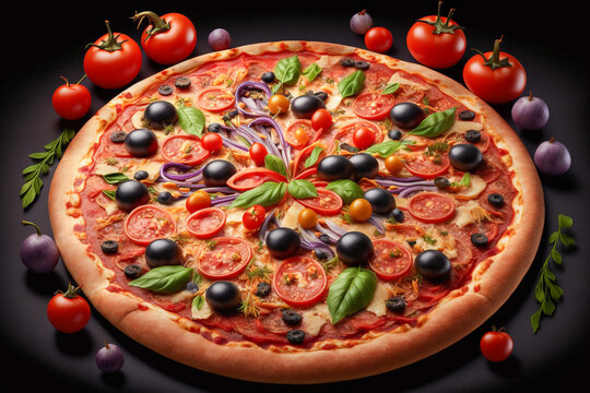 pizza with tomatoes and mushrooms, super photo realistic background, generative ai
