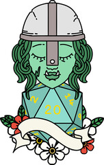 half orc fighter character with natural 20 dice roll illustration