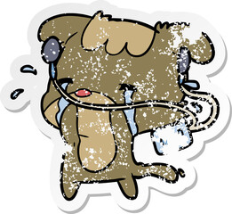 distressed sticker of a cartoon sad dog listening to music
