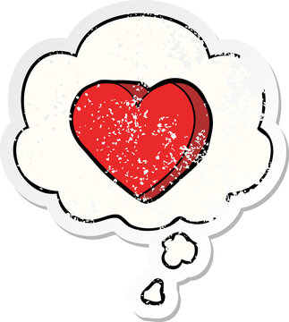 cartoon love heart and thought bubble as a distressed worn sticker