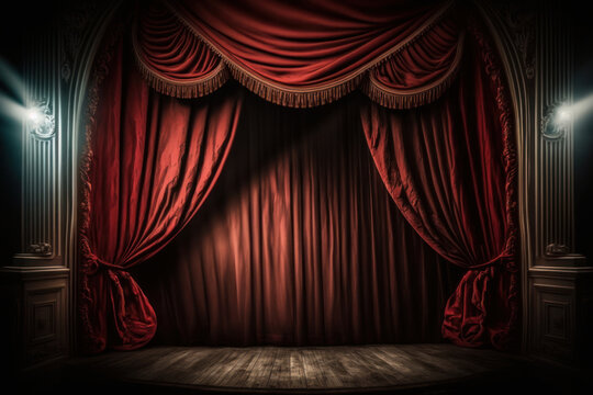 Magic theater stage red curtains Show Spotlight. Illustration AI Generative