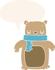 cartoon bear and scarf and speech bubble in retro style