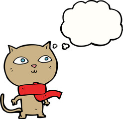 cartoon funny cat wearing scarf with thought bubble