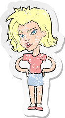 retro distressed sticker of a cartoon woman with hands on hips