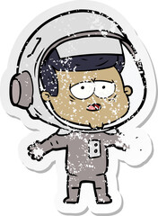 distressed sticker of a cartoon tired astronaut
