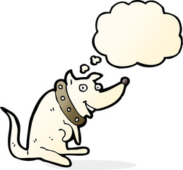 cartoon happy dog in big collar with thought bubble