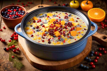 Appetizing muesli with milk and fruits, healthy breakfast, super photo realistic background, generative ai