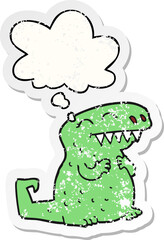 cartoon dinosaur and thought bubble as a distressed worn sticker